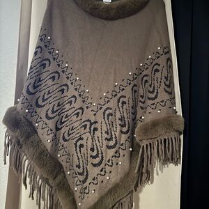 Brown and Black Patterned Poncho with Fringe